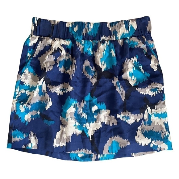Ann Taylor LOFT Silk Mini Skirt Blue Abstract Boho Print Pockets Elastic Waist S - Picture 2 of 6